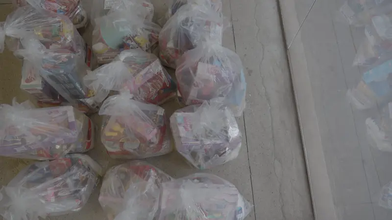 Sacolas com alimentos e brinquedos